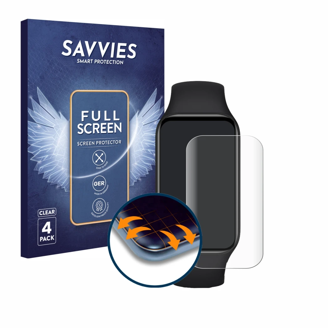 Front side of a product packaging with the brand logo Savvies. Next to it is the device Xiaomi Smart Band 8 Active shown with