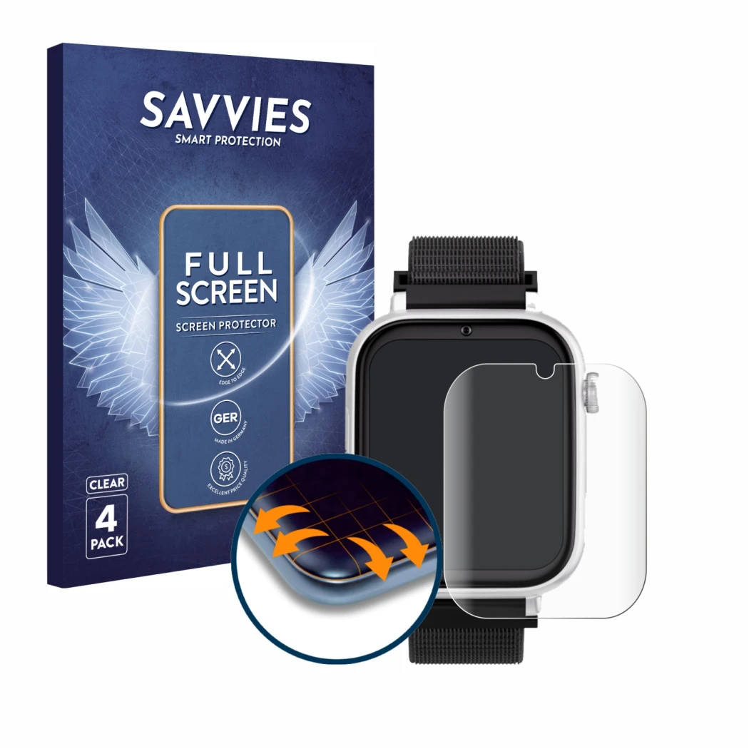 Front side of a product packaging with the brand logo Savvies. Next to it is the device SaveFamily SaveWatch Plus shown with t