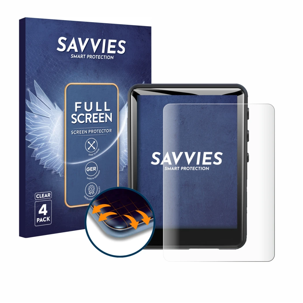 Front side of a product packaging with the brand logo Savvies. Next to it is the device Zaqe MP3 Player M4 2.4