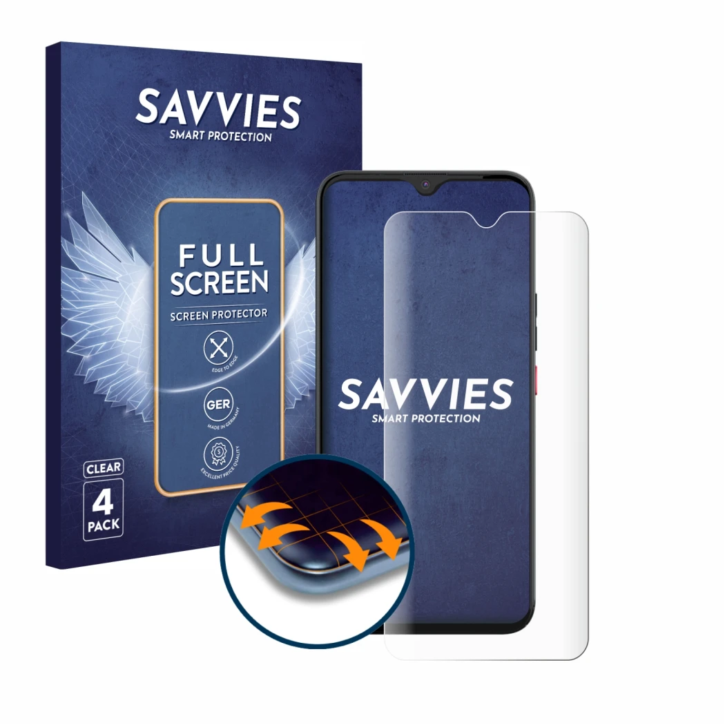 Front side of a product packaging with the brand logo Savvies. Next to it is the device Gigaset GS5 PRO SE shown with the corr