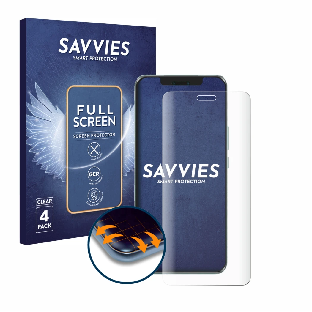 Front side of a product packaging with the brand logo Savvies. Next to it is the device Honor Magic 6 Pro shown with the corre