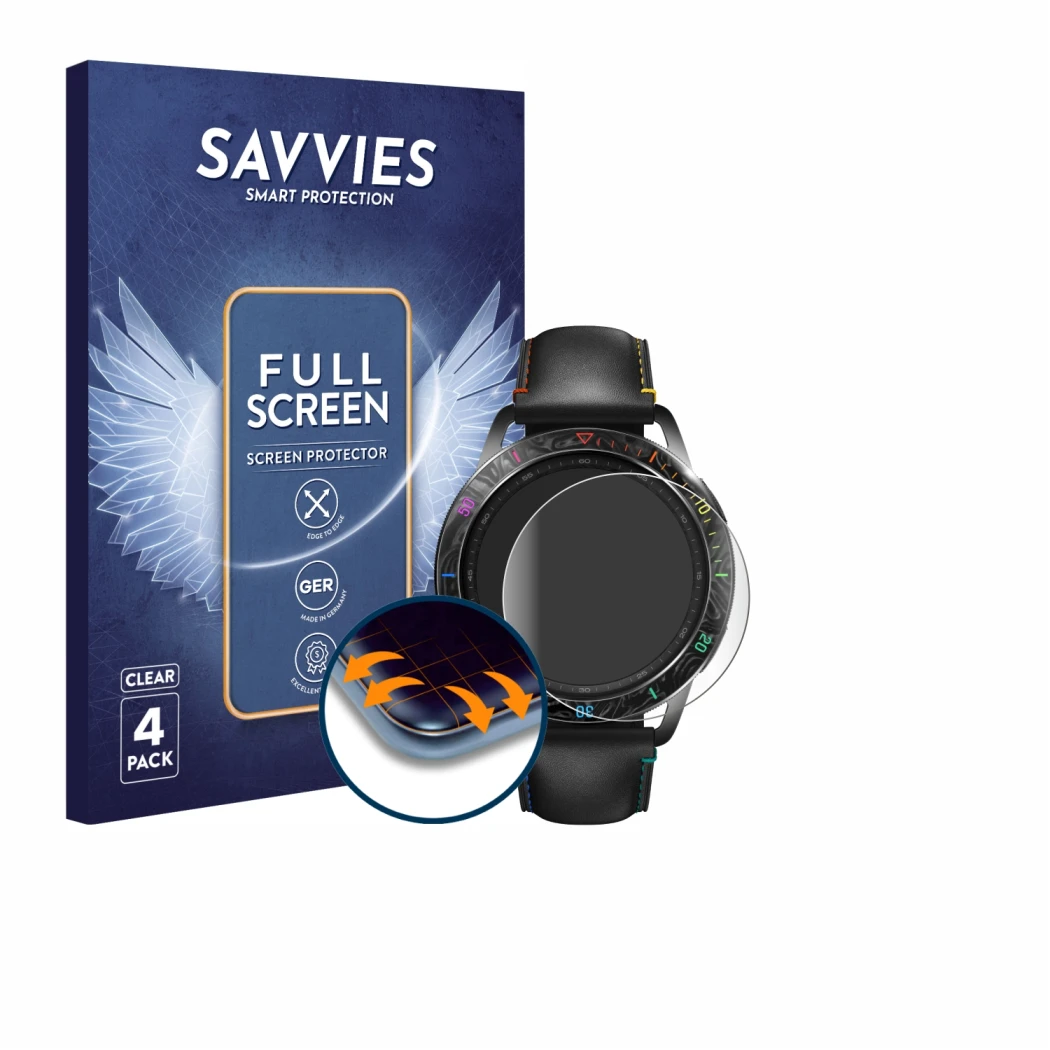 Front side of a product packaging with the brand logo Savvies. Next to it is the device Xiaomi Watch S3 shown with the corresp
