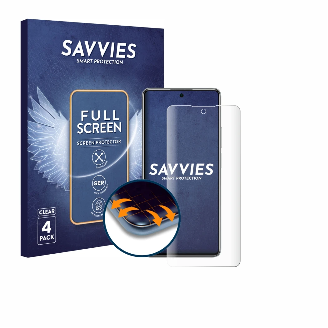 Front side of a product packaging with the brand logo Savvies. Next to it is the device Xiaomi 11T 5G shown with the correspon