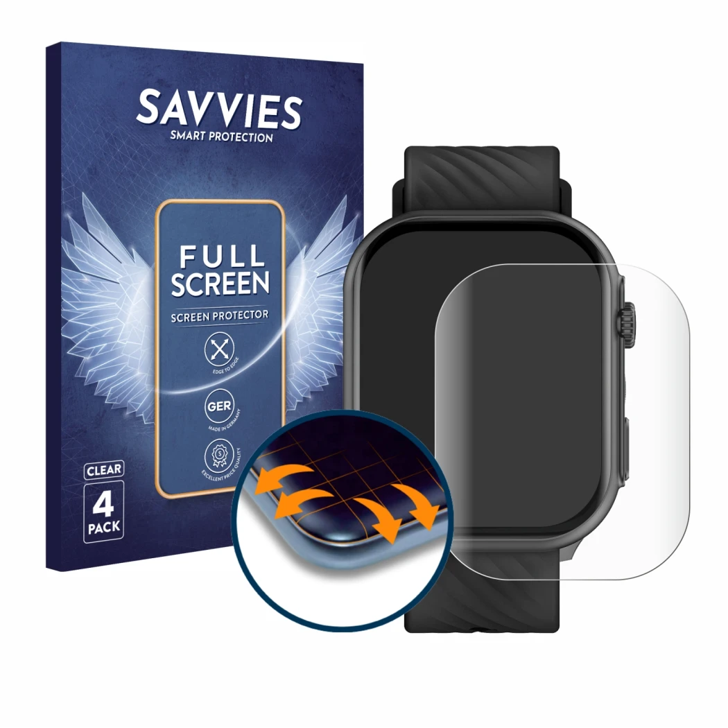 Front side of a product packaging with the brand logo Savvies. Next to it is the device Yuede Smartwatch 2