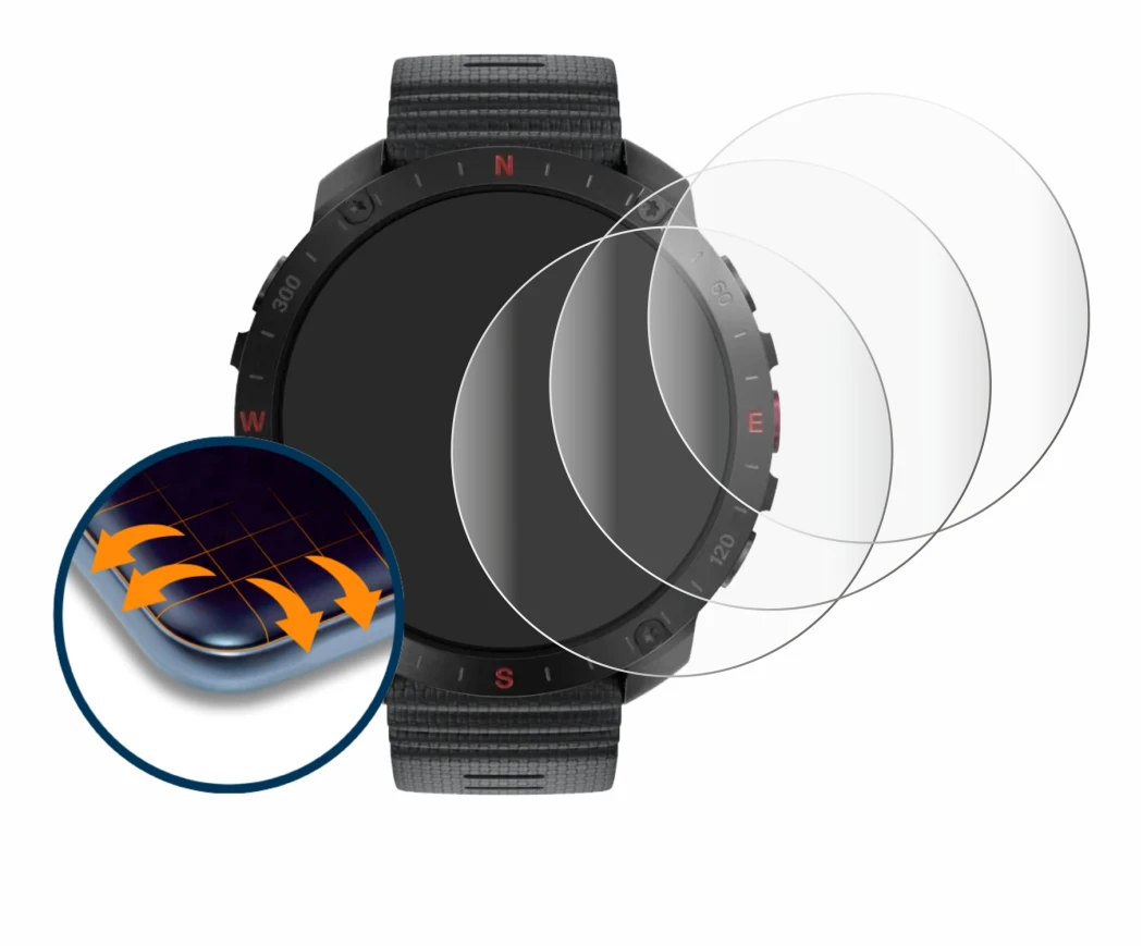 Image of the device Polar Grit X2 Pro with a wide variety of screen protectors.