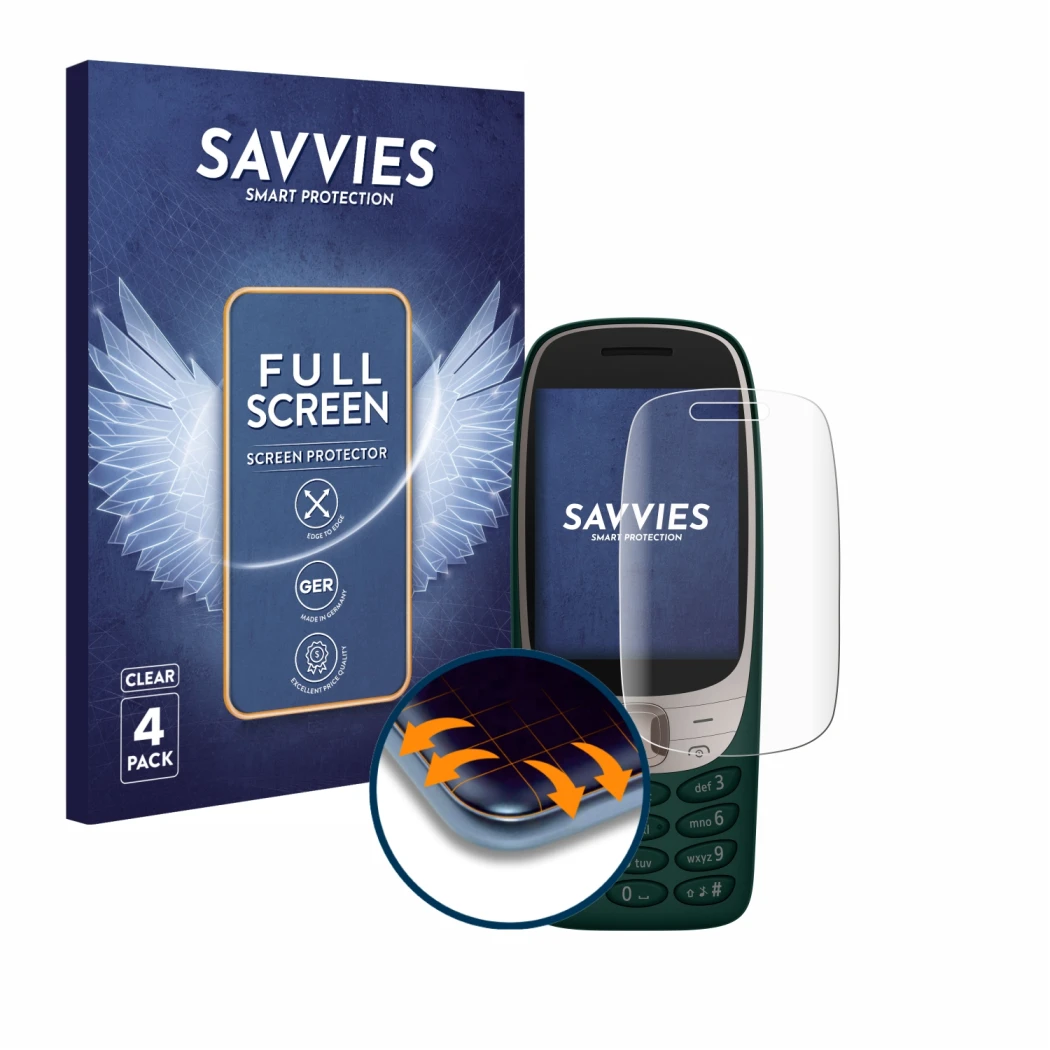 Front side of a product packaging with the brand logo Savvies. Next to it is the device Nokia 6310 (2024) shown with the corre