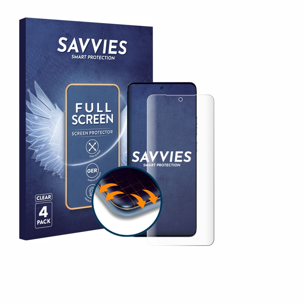 Front side of a product packaging with the brand logo Savvies. Next to it is the device Motorola Edge 50 Fusion shown with the