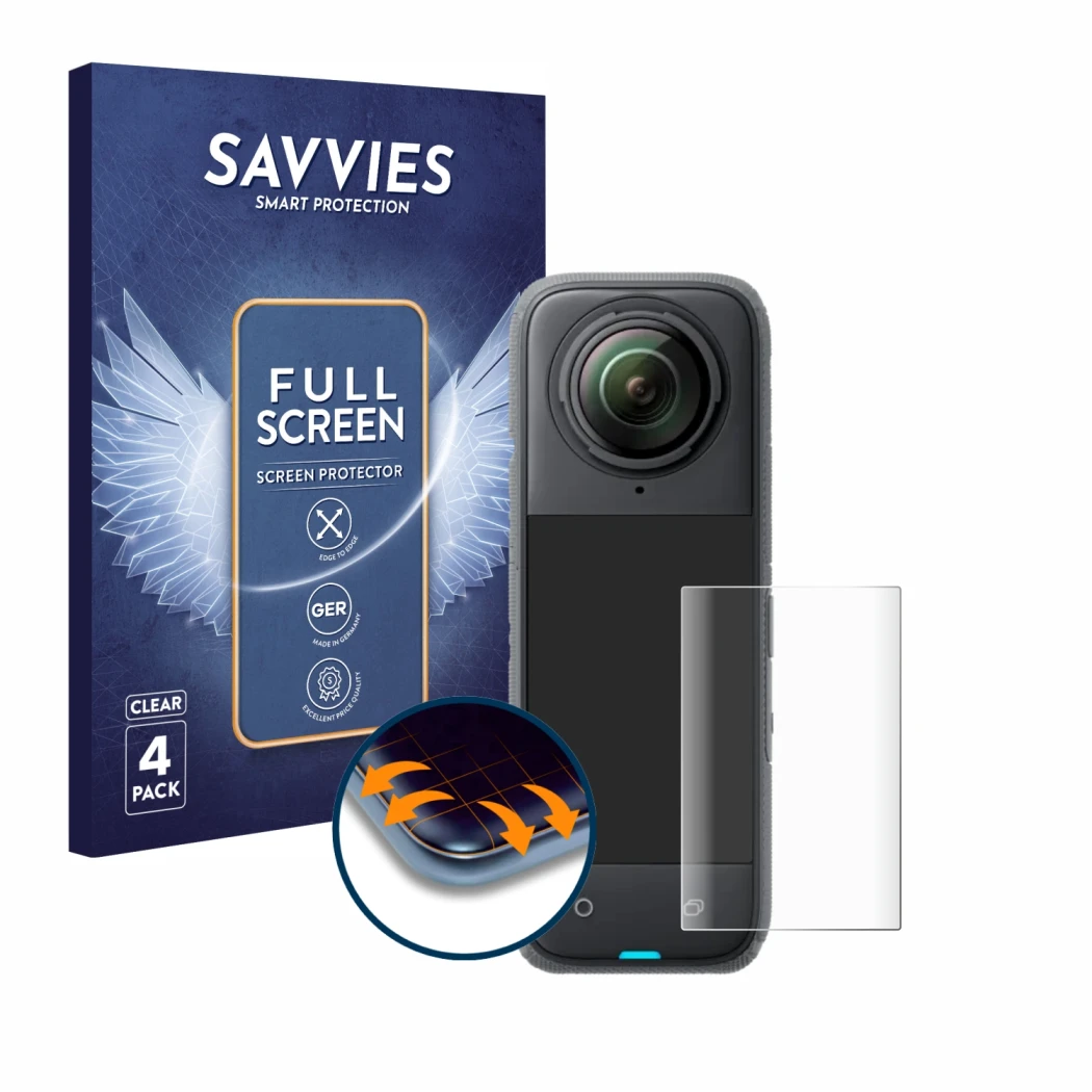 Front side of a product packaging with the brand logo Savvies. Next to it is the device Insta360 X4 shown with the correspondi