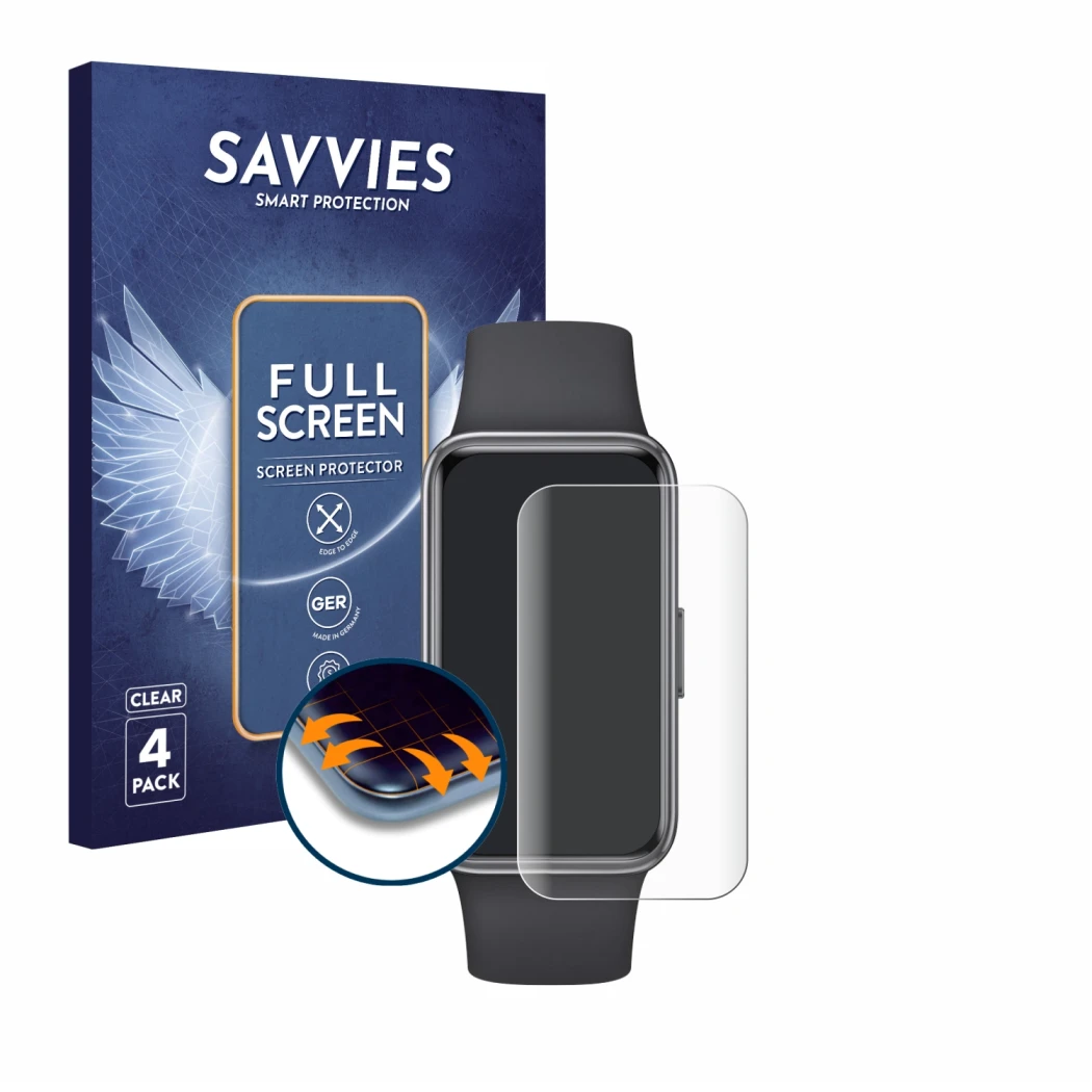 Front side of a product packaging with the brand logo Savvies. Next to it is the device Huawei Band 9 shown with the correspon