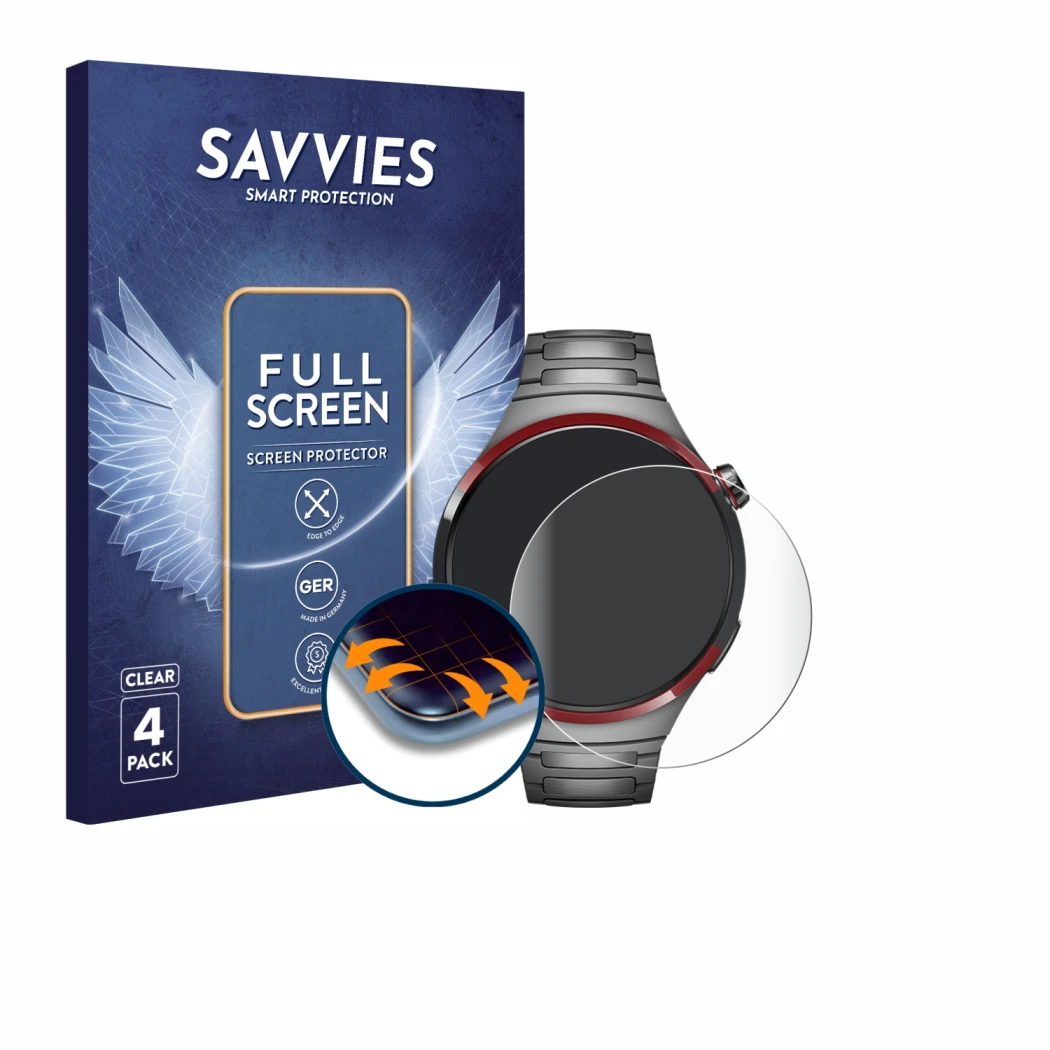 Front side of a product packaging with the brand logo Savvies. Next to it is the device Huawei Watch 4 Pro Space Edition shown