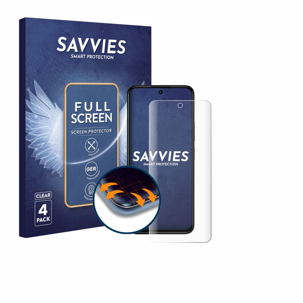 Front side of a product packaging with the brand logo Savvies. Next to it is the device Xiaomi Redmi 13 shown with the corresp
