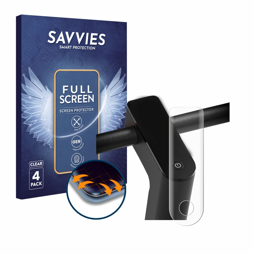 Front side of a product packaging with the brand logo Savvies. Next to it is the device Xiaomi Mi 4 Pro (2nd Gen.) shown with 