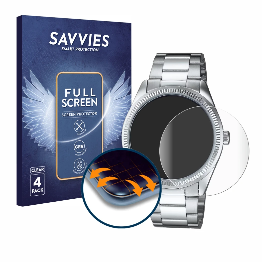 Front side of a product packaging with the brand logo Savvies. Next to it is the device Casio MTP-1302PD shown with the corres