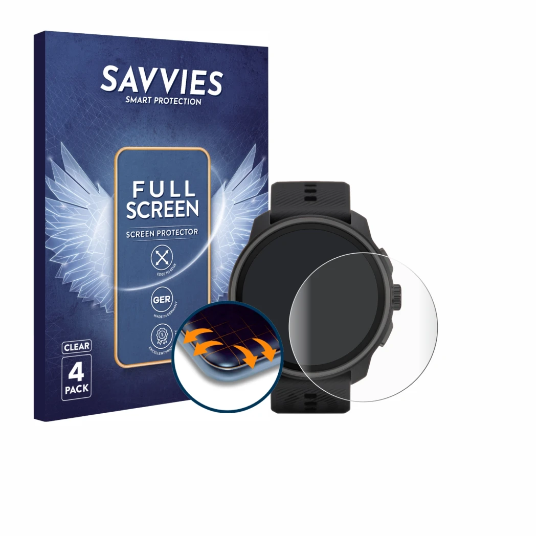 Front side of a product packaging with the brand logo Savvies. Next to it is the device Suunto Race S shown with the correspon