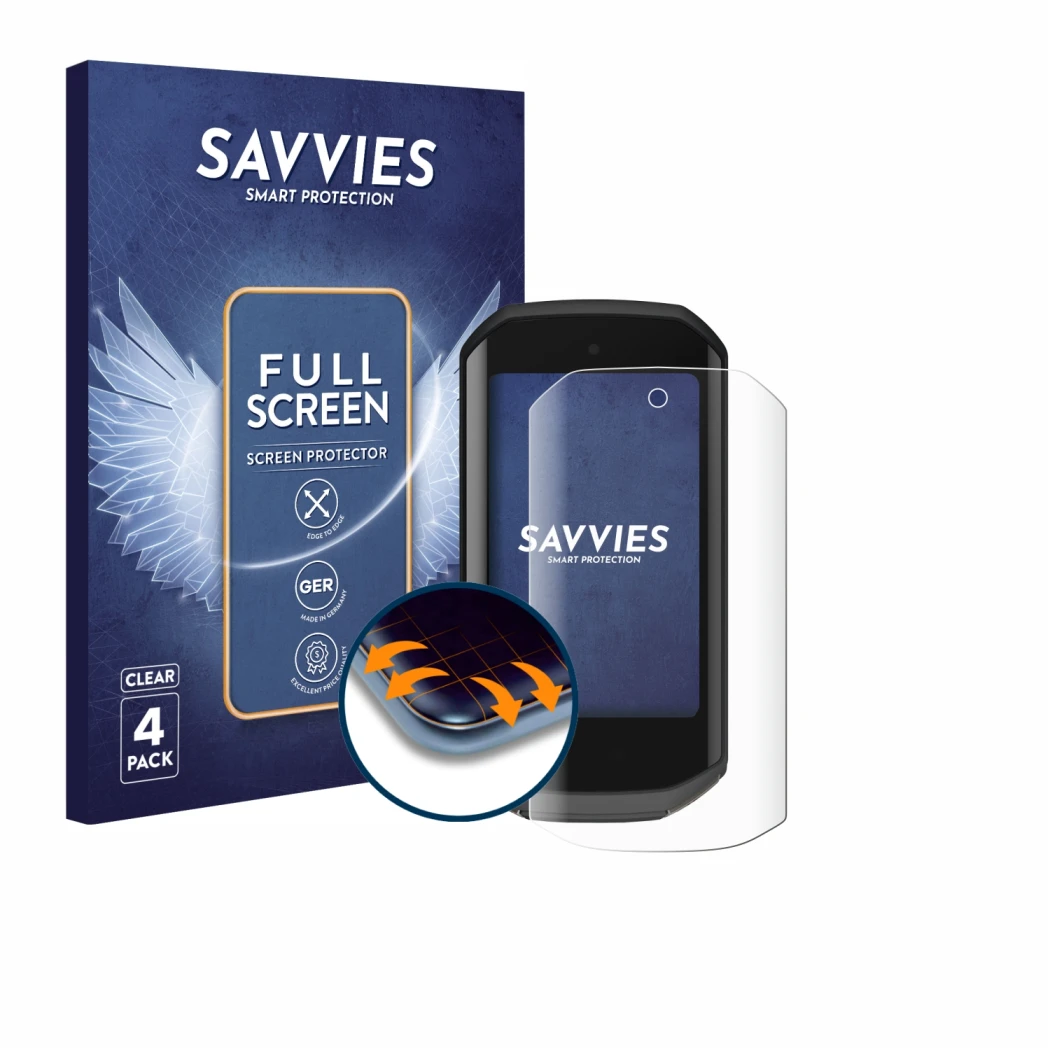 Front side of a product packaging with the brand logo Savvies. Next to it is the device Garmin Edge 1050 shown with the corres