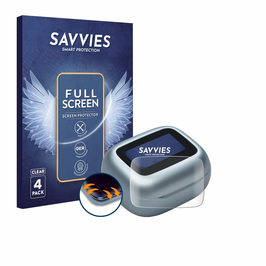 Front side of a product packaging with the brand logo Savvies. Next to it is the device JBL Live Flex 3 shown with the corresp