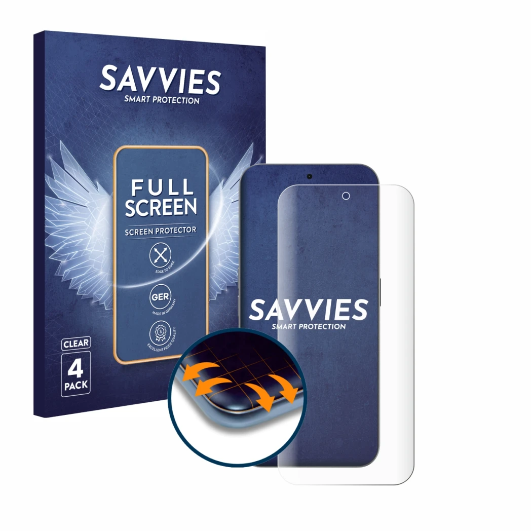 Front side of a product packaging with the brand logo Savvies. Next to it is the device Nothing Phone (2a) Plus shown with the