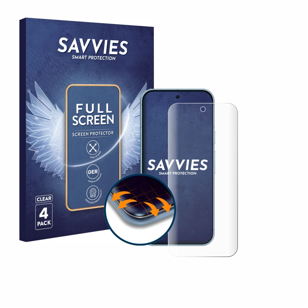 Front side of a product packaging with the brand logo Savvies. Next to it is the device Google Pixel 9 Pro XL shown with the c