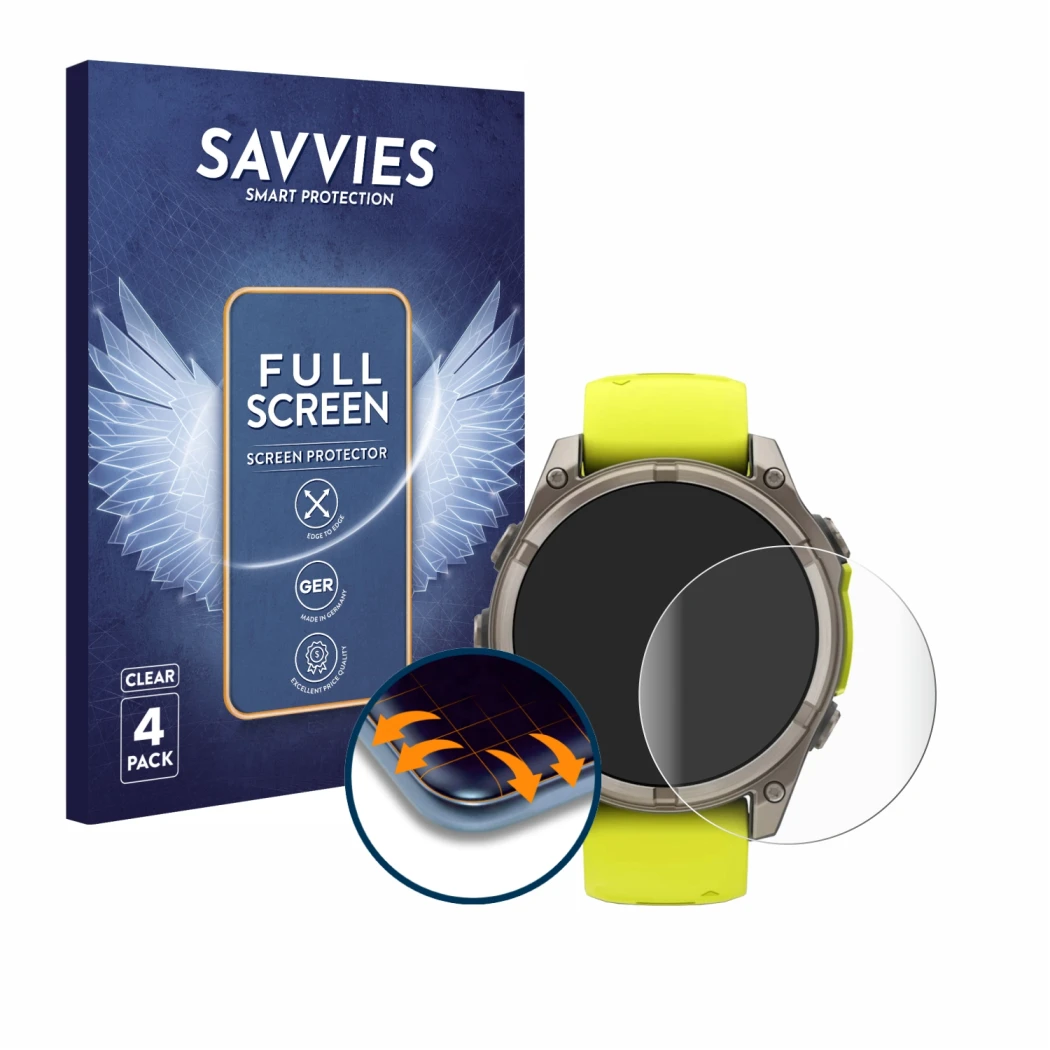 Front side of a product packaging with the brand logo Savvies. Next to it is the device Garmin Fenix 8 Solar (47 mm) shown wit