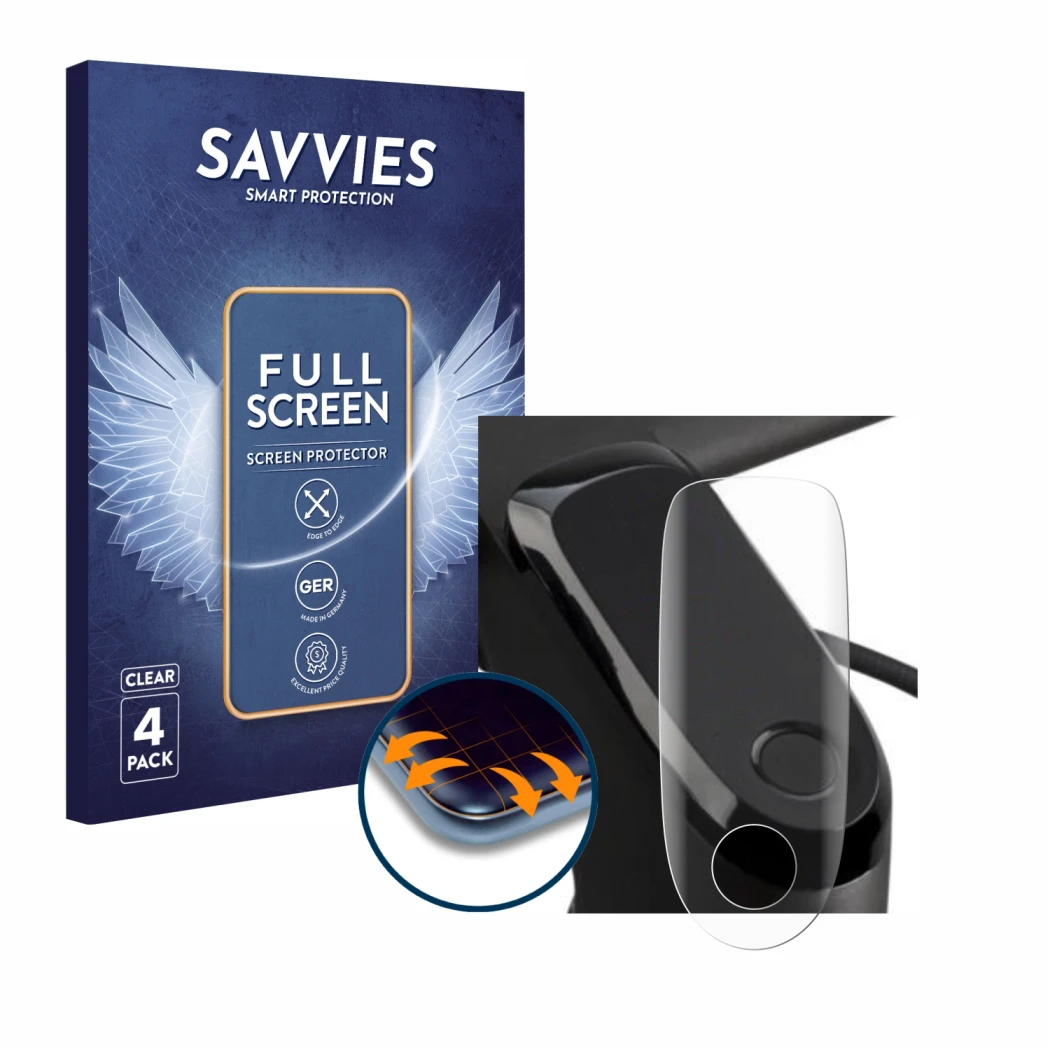 Front side of a product packaging with the brand logo Savvies. Next to it is the device Segway Ninebot F2 Pro D shown with the