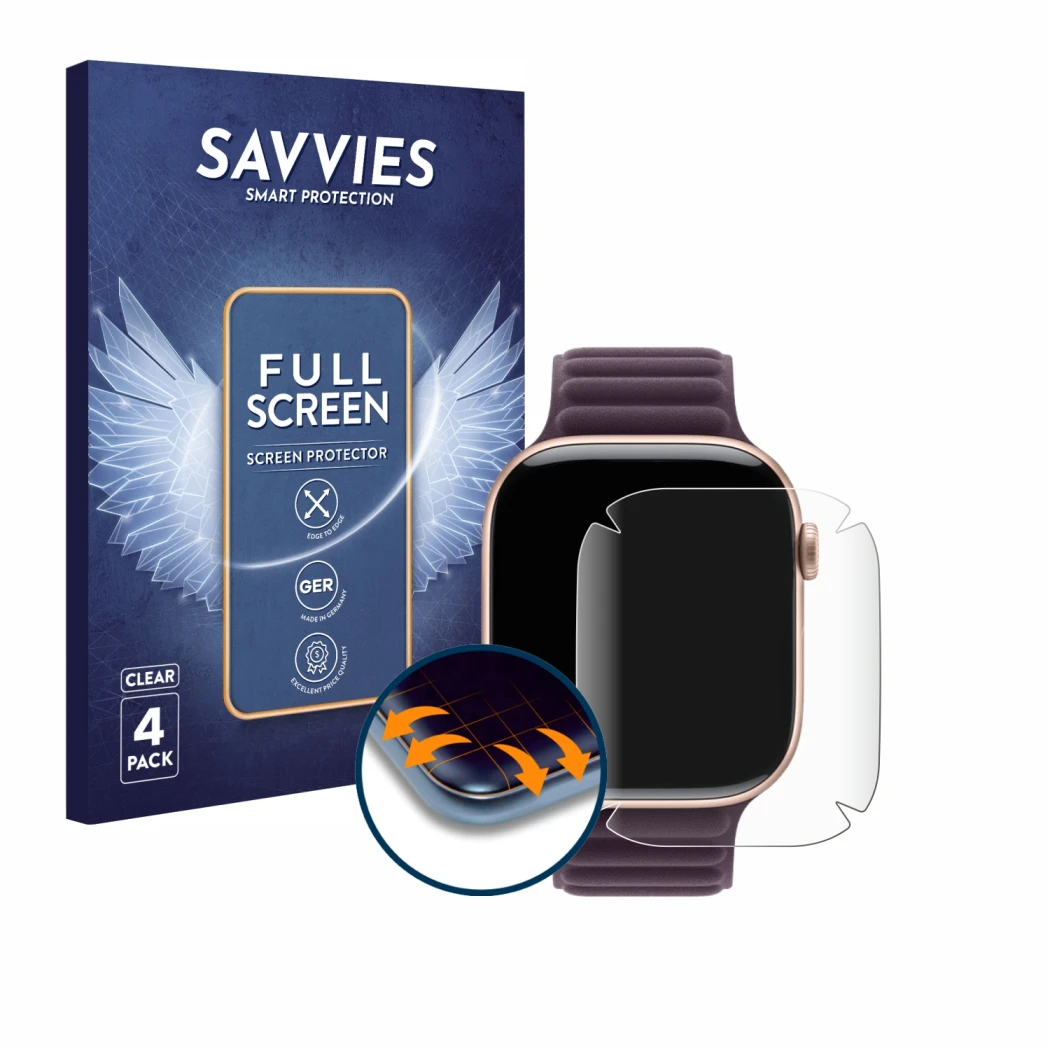 Front side of a product packaging with the brand logo Savvies. Next to it is the device Apple Watch Series 10 (42 mm) shown wi