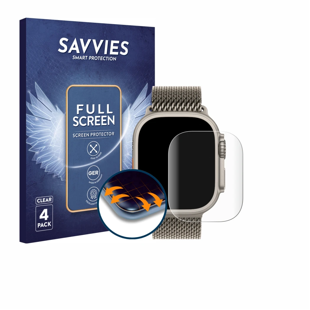 Front side of a product packaging with the brand logo Savvies. Next to it is the device Apple Watch Ultra 3 (49 mm) shown with
