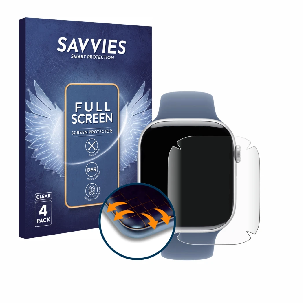 Front side of a product packaging with the brand logo Savvies. Next to it is the device Apple Watch Series 10 (46 mm) shown wi