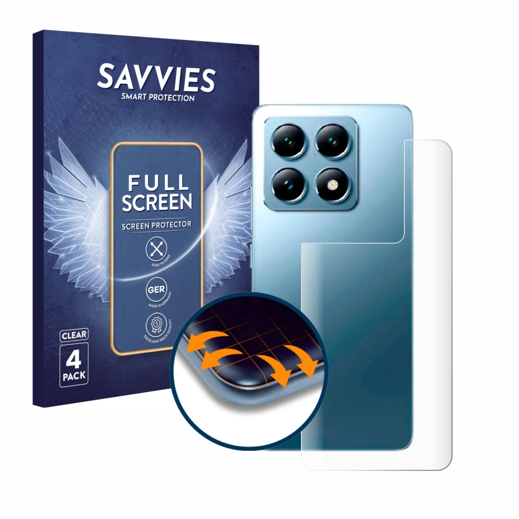 Front side of a product packaging with the brand logo Savvies. Next to it is the device Xiaomi 14T Pro (Back) shown with the c