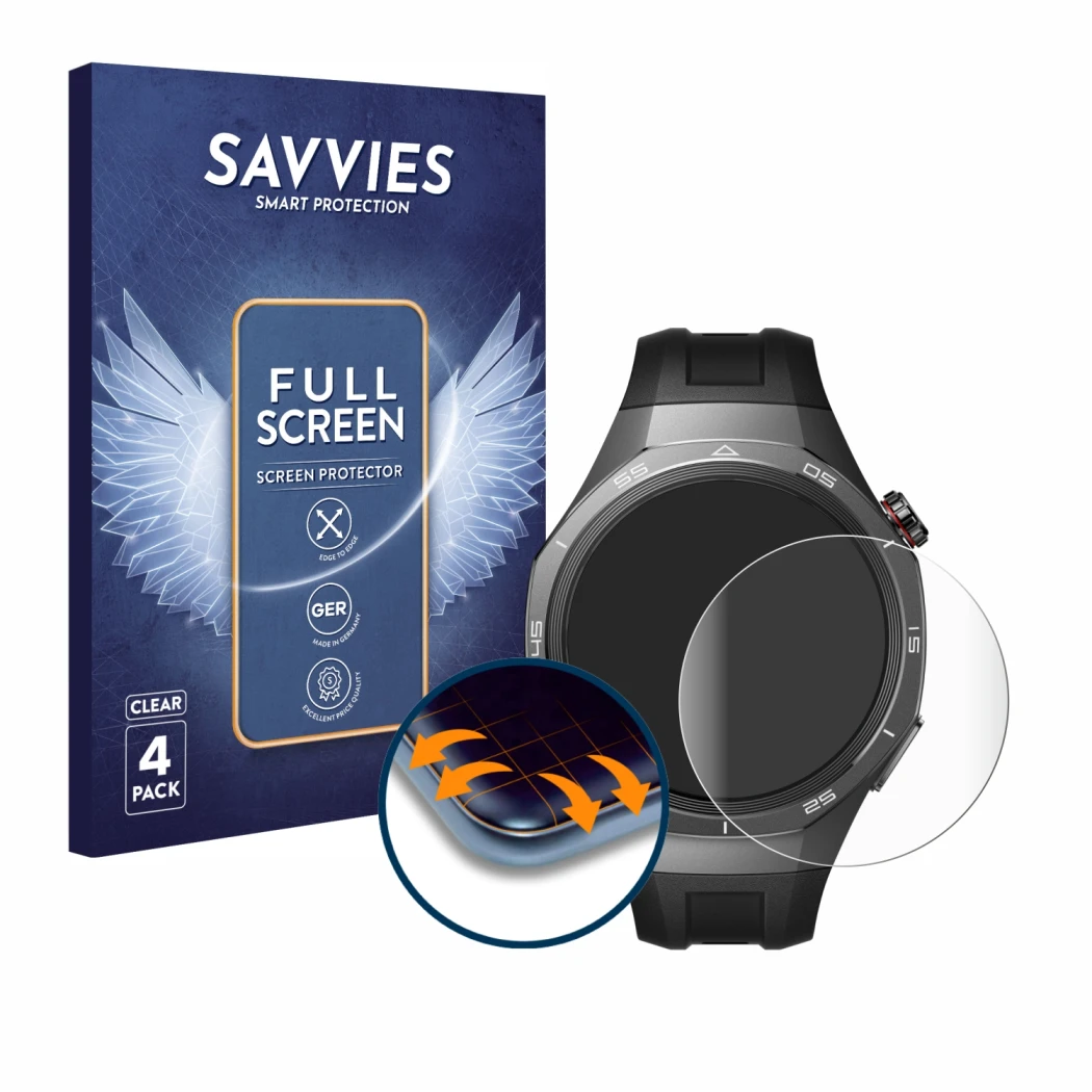 Front side of a product packaging with the brand logo Savvies. Next to it is the device Huawei Watch GT 5 Pro (46 mm) shown wi