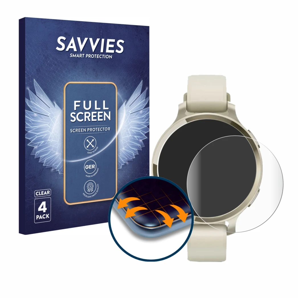 Front side of a product packaging with the brand logo Savvies. Next to it is the device Garmin Lily 2 Active shown with the co