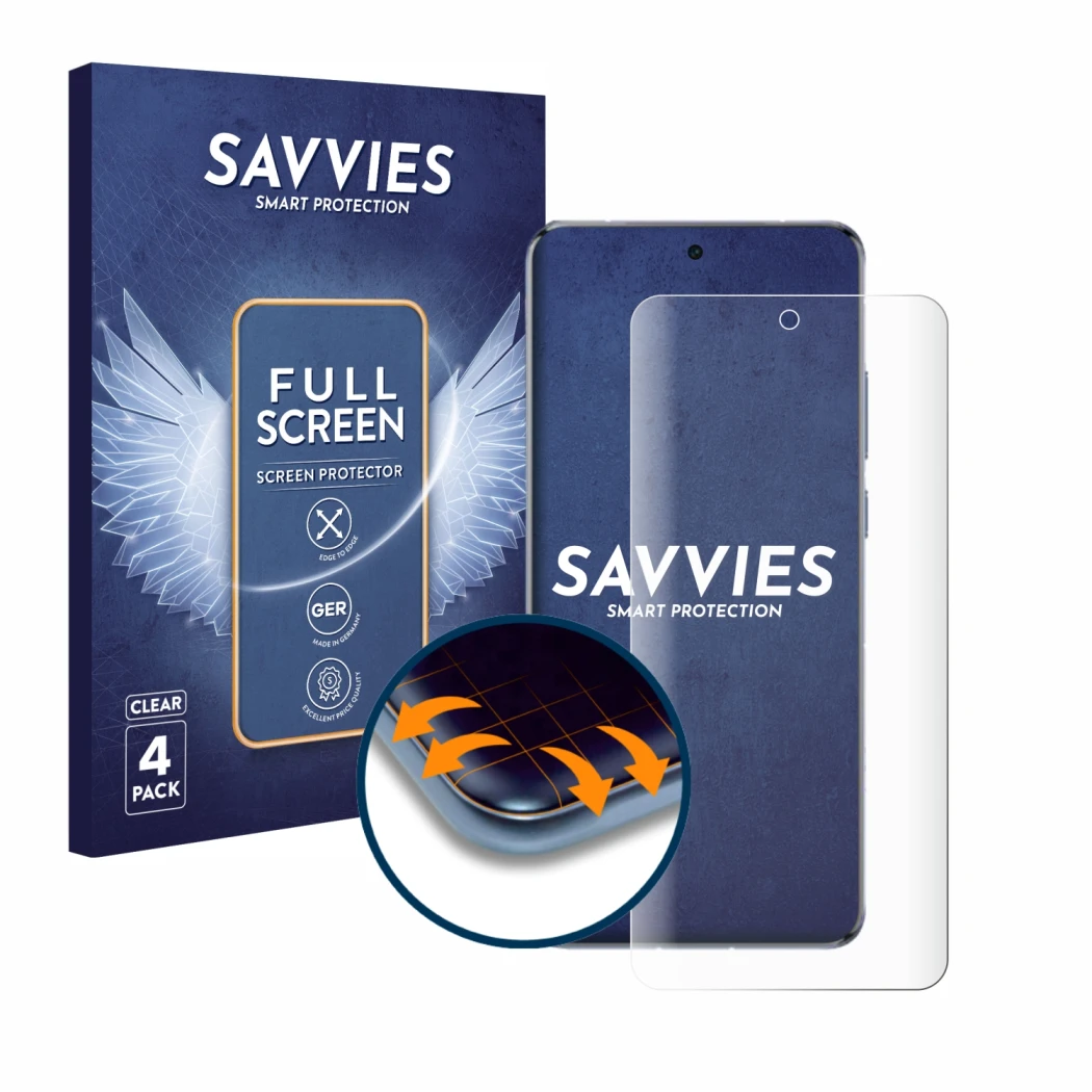Front side of a product packaging with the brand logo Savvies. Next to it is the device Vivo X200 Pro shown with the correspon