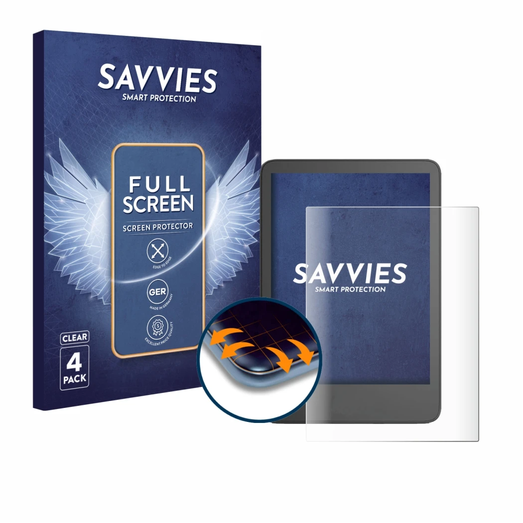 Front side of a product packaging with the brand logo Savvies. Next to it is the device Amazon Kindle 2024 shown with the corr