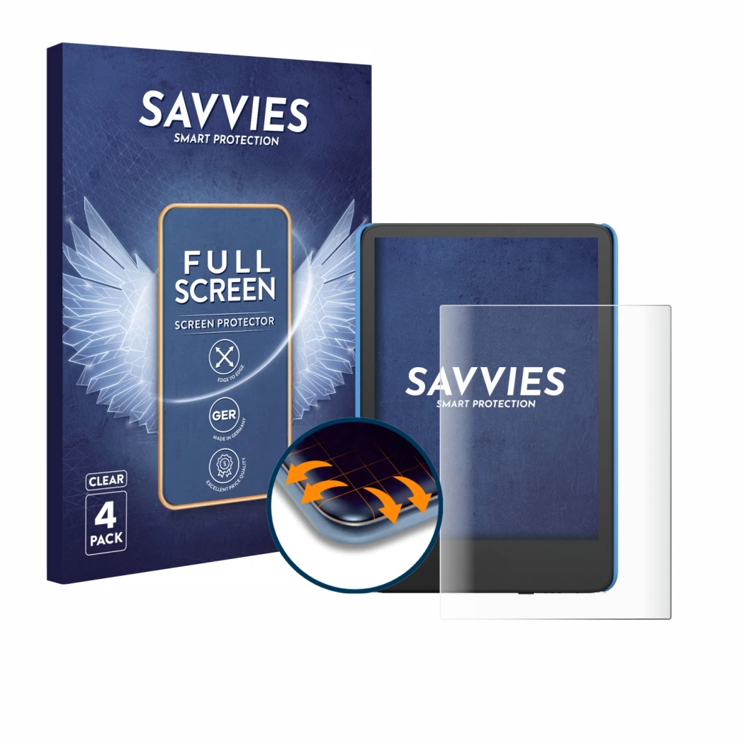 Front side of a product packaging with the brand logo Savvies. Next to it is the device Amazon Kindle Kids (2024) shown with t