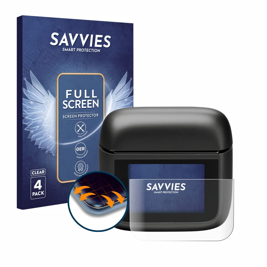 Front side of a product packaging with the brand logo Savvies. Next to it is the device JBL Tour Pro 3 shown with the correspo