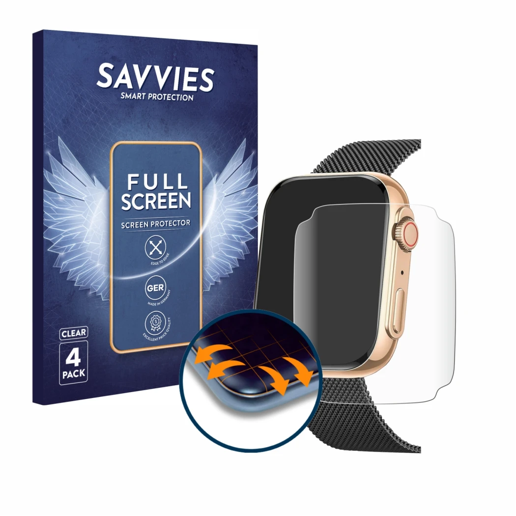 Front side of a product packaging with the brand logo Savvies. Next to it is the device Powerwill Smartwatch 1.91