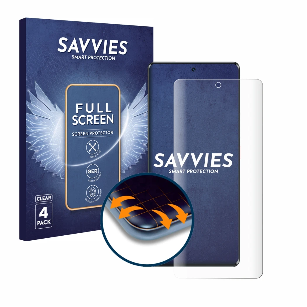 Front side of a product packaging with the brand logo Savvies. Next to it is the device ZTE Blade V50 5G shown with the corres