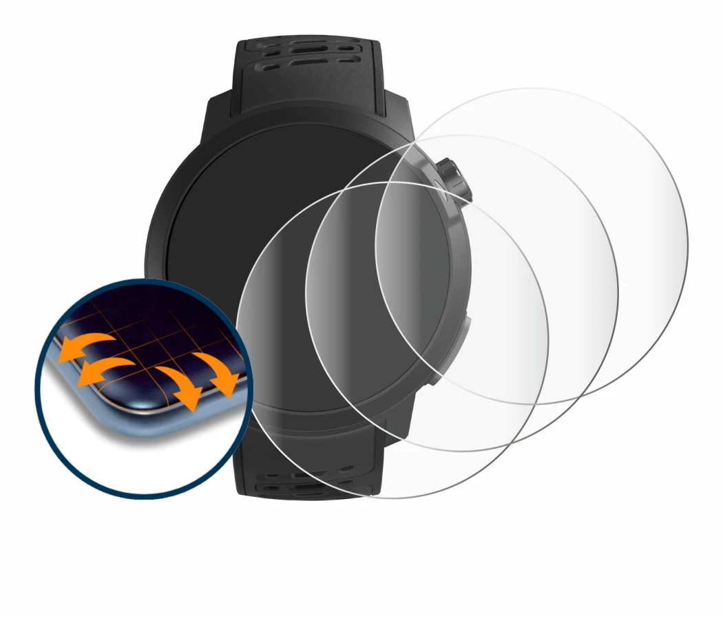 Image of the device Coros Pace Pro with a wide variety of screen protectors.