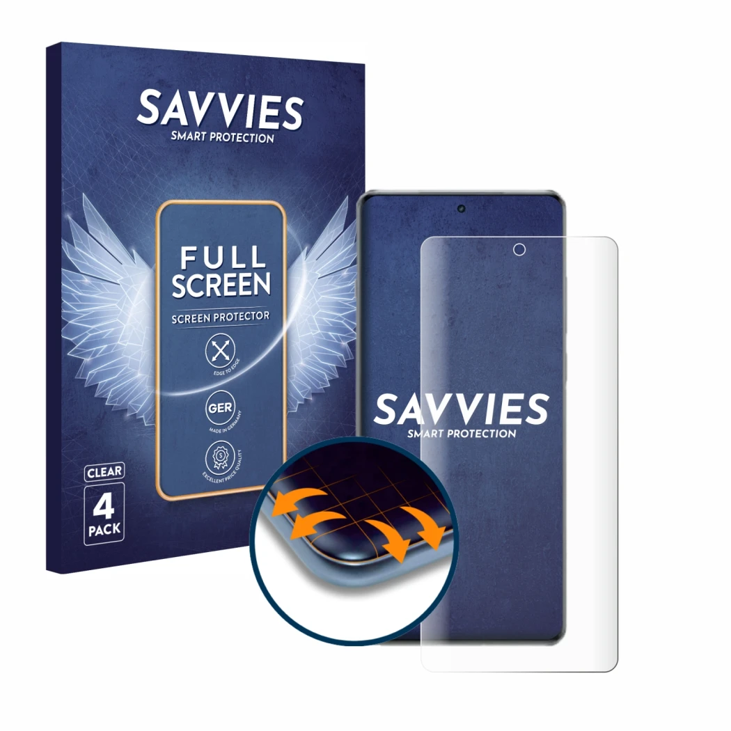 Front side of a product packaging with the brand logo Savvies. Next to it is the device OnePlus 13R shown with the correspondi