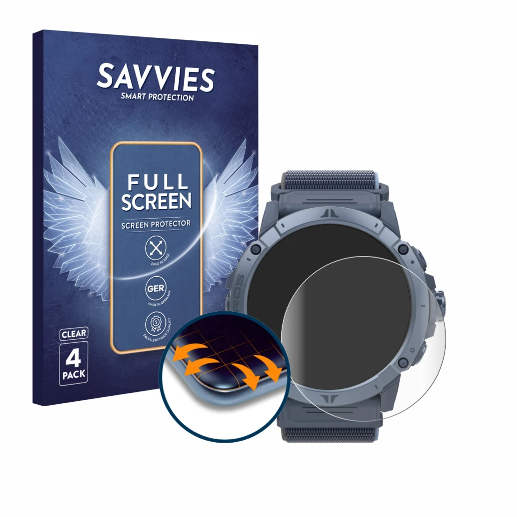 Front side of a product packaging with the brand logo Savvies. Next to it is the device Coros Vertix 2S shown with the corresp