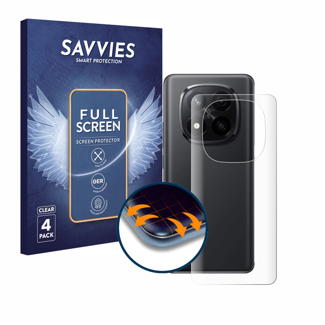 Front side of a product packaging with the brand logo Savvies. Next to it is the device Xiaomi Redmi Note 14 Pro Plus (Back) s