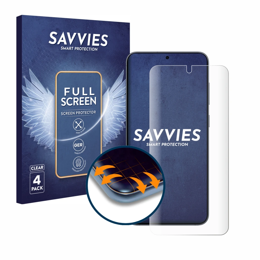 Front side of a product packaging with the brand logo Savvies. Next to it is the device Samsung Galaxy S25 shown with the corr