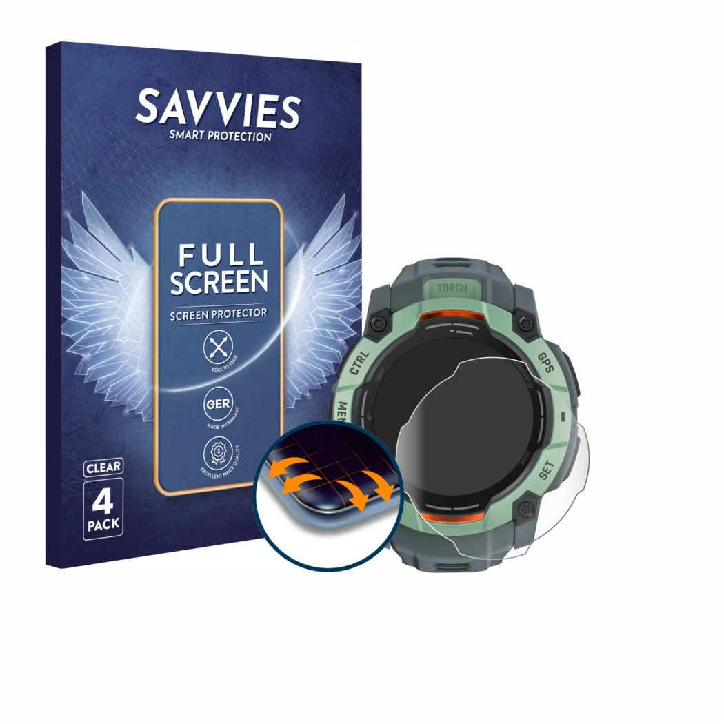 Front side of a product packaging with the brand logo Savvies. Next to it is the device Garmin Instinct 3 AMOLED (50 mm) shown