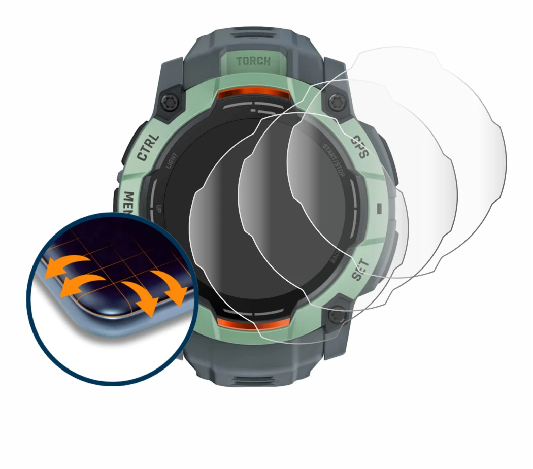 Image of the device Garmin Instinct 3 AMOLED (50 mm) with a wide variety of screen protectors.