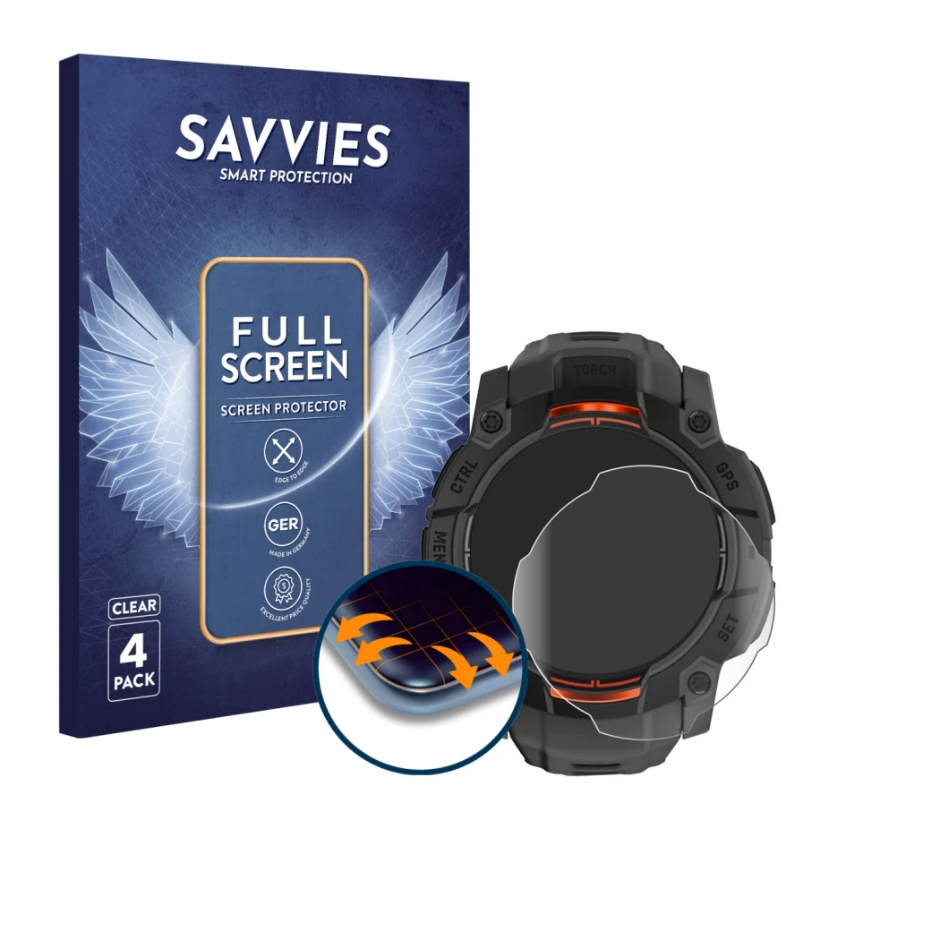 Front side of a product packaging with the brand logo Savvies. Next to it is the device Garmin Instinct 3 Solar (50 mm) shown 