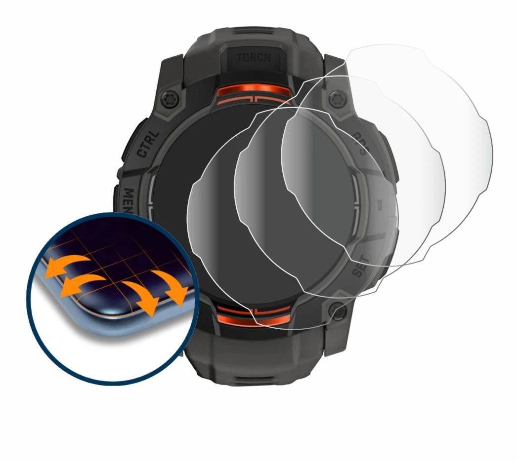Image of the device Garmin Instinct 3 Solar (50 mm) with a wide variety of screen protectors.