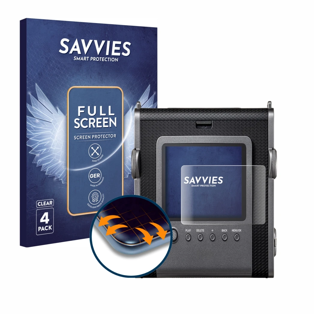 Front side of a product packaging with the brand logo Savvies. Next to it is the device Fujifilm Instax Wide Evo shown with th
