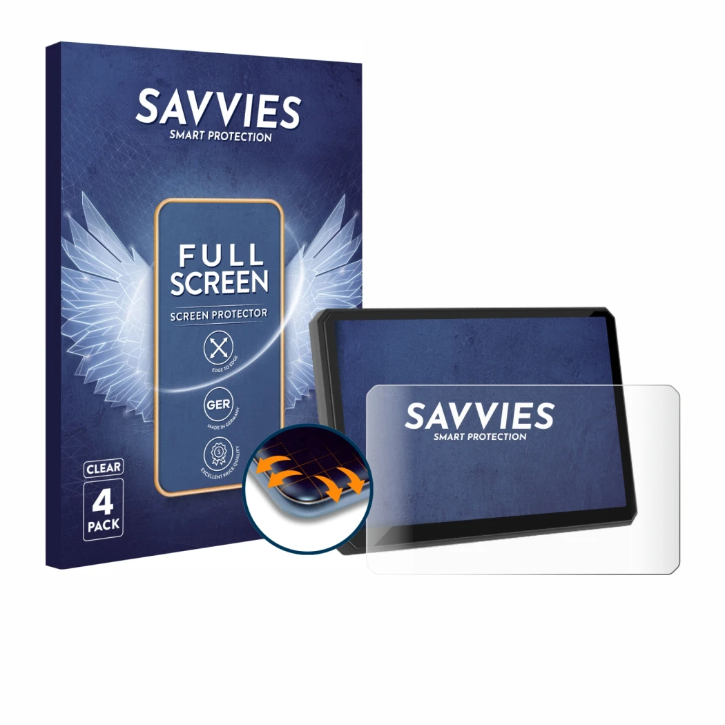 Front side of a product packaging with the brand logo Savvies. Next to it is the device Carpuride W702BS 7