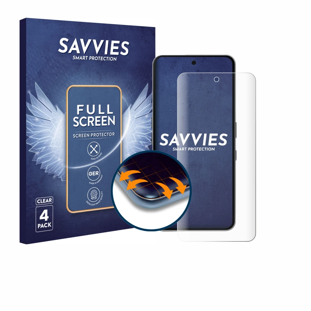 Front side of a product packaging with the brand logo Savvies. Next to it is the device Nothing Phone (3a) Pro shown with the 