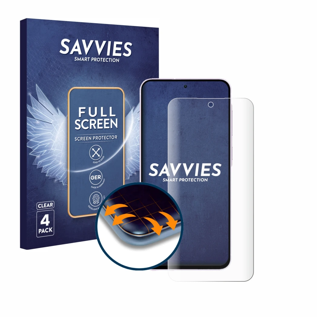 Front side of a product packaging with the brand logo Savvies. Next to it is the device Samsung Galaxy A56 5G shown with the c