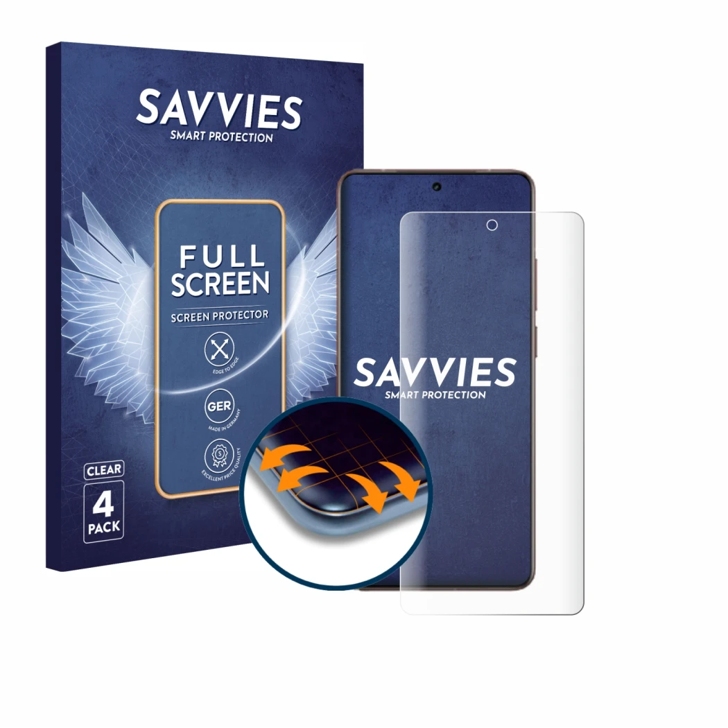 Front side of a product packaging with the brand logo Savvies. Next to it is the device realme GT 7 Pro Racing shown with the 